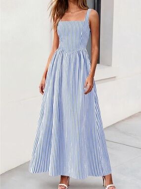 #54 Pretty Garden Dark Blue and White Striped Square Neck Maxi Dress